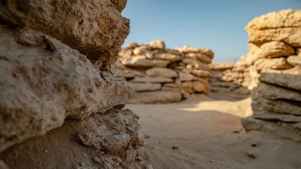 Detalhe das construções de 8.500 anos descobertas na ilha de Ghagha, nos Emirados Árabes Unidos - Sputnik Brasil
