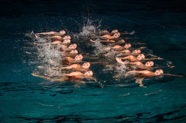 Artistas participam de demonstração de nado sincronizado para celebrar o 80º aniversário do falecido líder norte-coreano Kim Jong-il no ginásio de natação da rua Chongchun, Pyongyang, 13 de fevereiro de 2022 - Sputnik Brasil