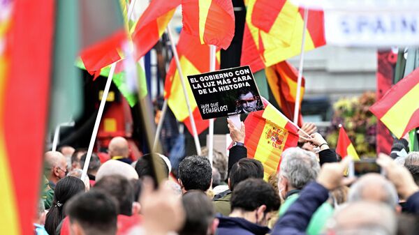 Manifestantes agitam bandeiras espanholas em frente à prefeitura de Madri, durante protesto nacional convocado pelo partido Vox contra o aumento de preços, em 19 de março de 2022. - Sputnik Brasil