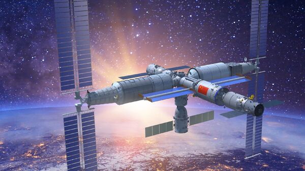 Representação em 3D da estação espacial Tiangong com todos os módulos instalados - Sputnik Brasil