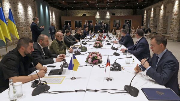 Membro da delegação ucraniana David Arakhamiya (à esquerda) e o chefe da delegação da Rússia Vladimir Medinsky durante conversações na Turquia - Sputnik Brasil