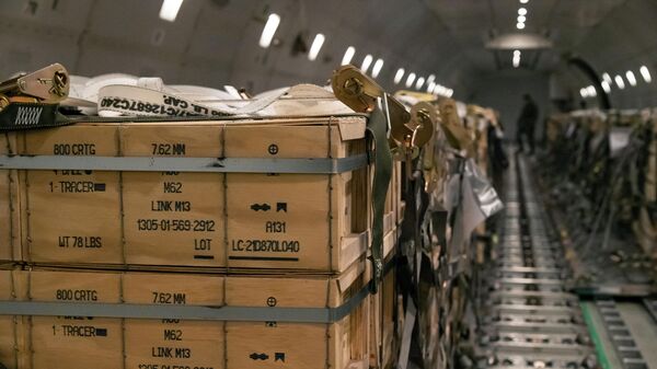 Paletes de munição, armas e outros equipamentos com destino à Ucrânia são carregados em avião por membros do 436º Esquadrão Aéreo do Porto durante uma missão de vendas militares estrangeiras na Base Aérea de Dover, no estado norte-americano de Delaware, em 30 de janeiro de 2022 (foto de arquivo) - Sputnik Brasil