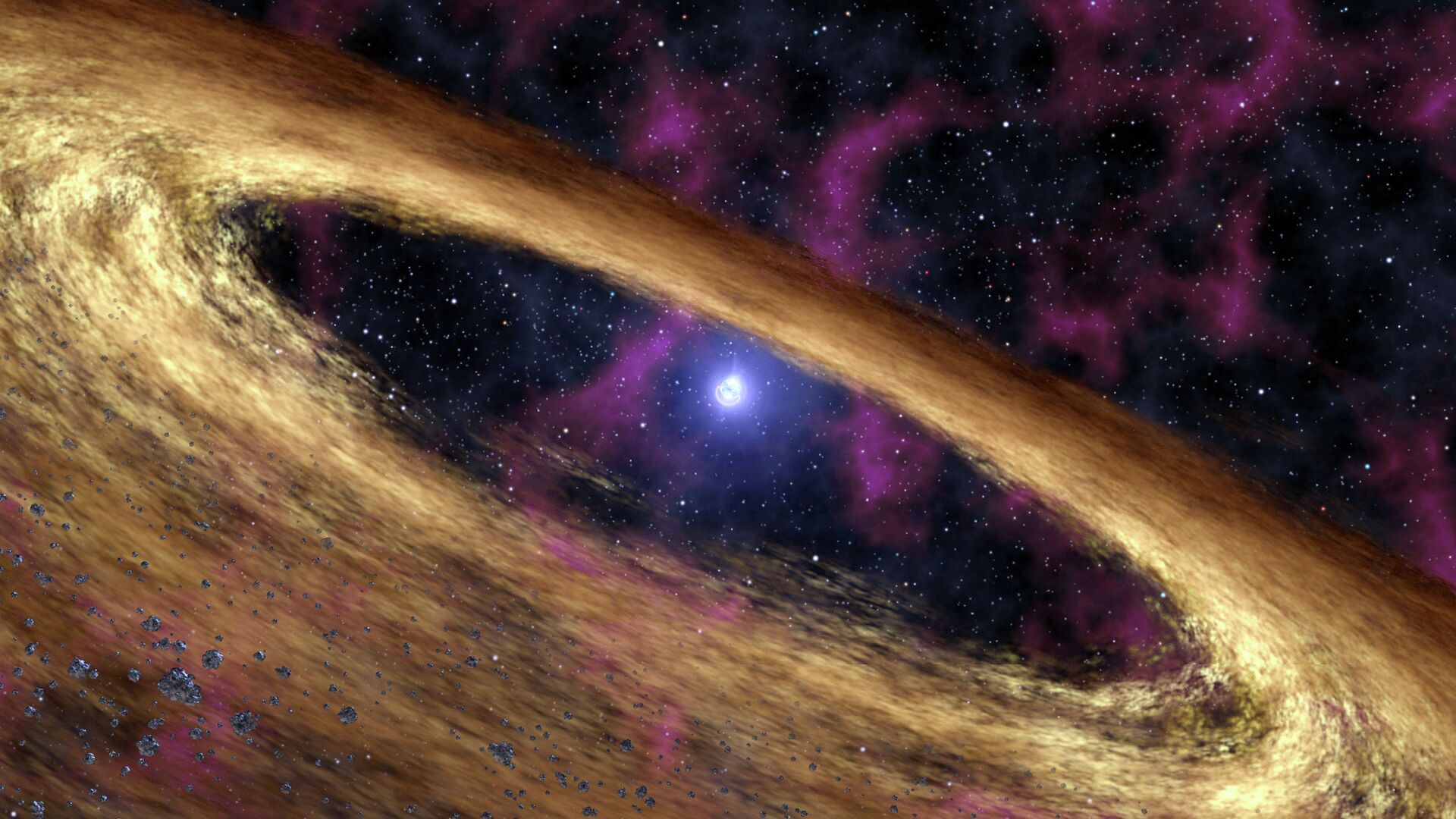Uma representação artística mostra uma estrela morta chamada pulsar, no centro, e o disco circundante de escombros, descoberto pelo Telescópio Espacial Spitzer da NASA - Sputnik Brasil, 1920, 05.05.2022