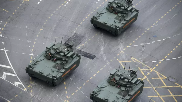 Veículos de combate de infantaria de nova geração Kurganets-25 com módulo de combate Epokha durante o desfile militar na Praça Vermelha em Moscou em 9 de maio de 2022 - Sputnik Brasil