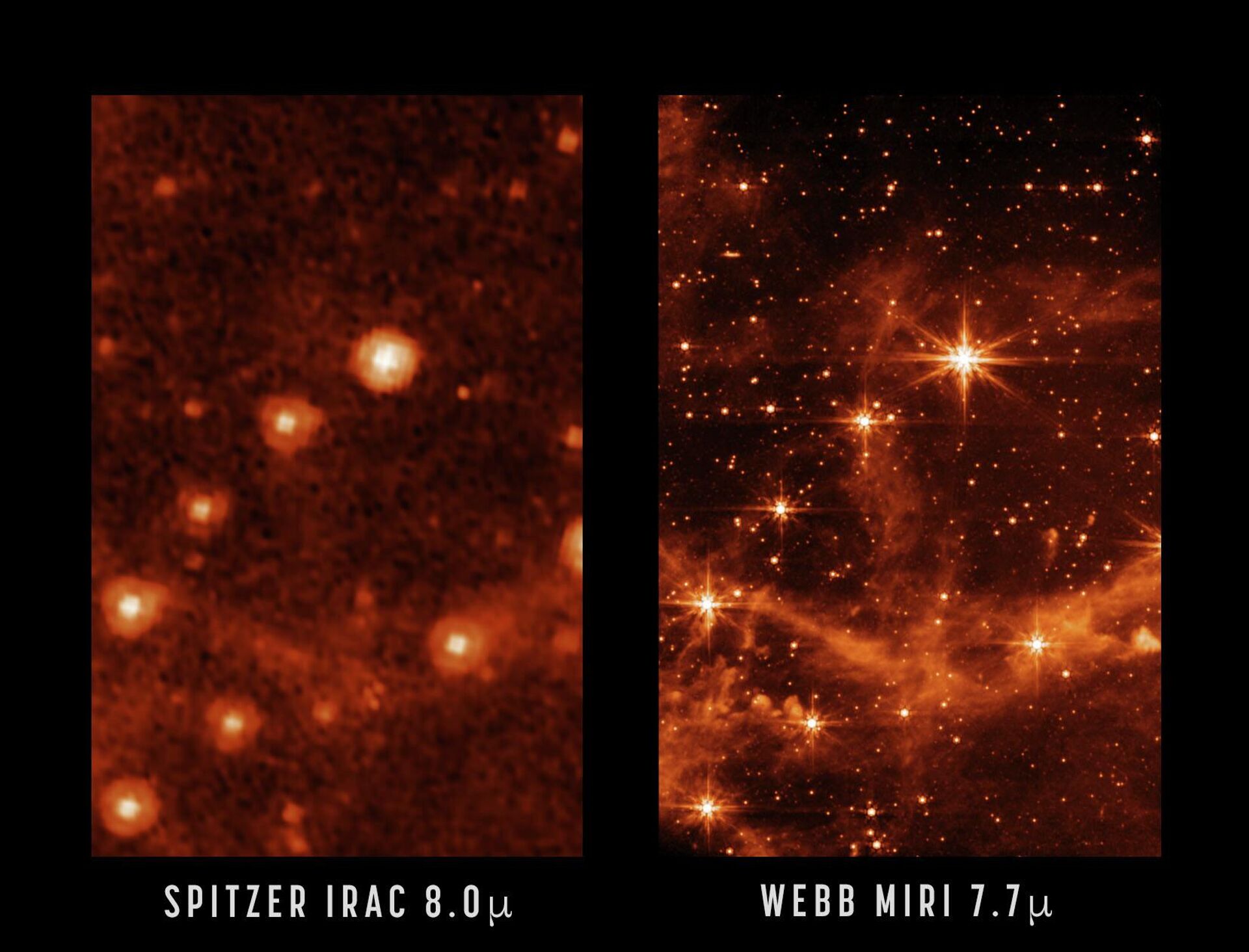 A imagem à esquerda foi captada pelo telescópio Spitzer, enquanto à direita, está a imagem nítida captada pelo telescópio Webb - Sputnik Brasil, 1920, 11.05.2022