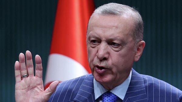 O presidente turco Recep Tayyip Erdogan fala durante uma coletiva de imprensa após uma reunião de gabinete no Complexo Presidencial em Ancara em 9 de maio de 2022 - Sputnik Brasil