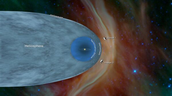 Esta ilustração mostra a posição das sondas Voyager 1 e Voyager 2 da NASA, fora da heliosfera, uma bolha protetora criada pelo Sol que se estende bem além da órbita de Plutão - Sputnik Brasil