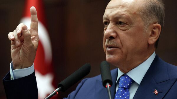 Recep Tayyip Erdogan, presidente turco, durante discurso em Ancara, Turquia, 18 de maio de 2022 - Sputnik Brasil