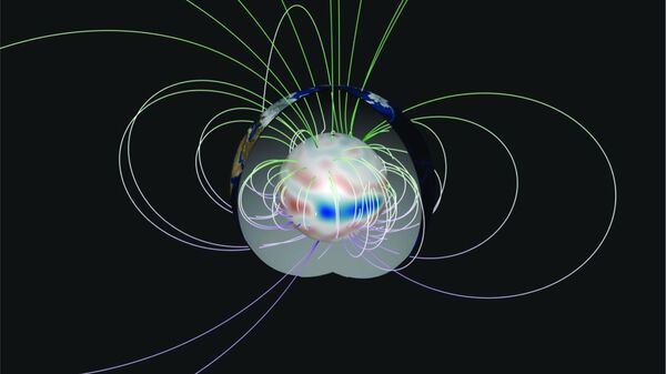 Fluxo ondulatório na superfície do núcleo externo da Terra e linhas de campo magnético de fundo - Sputnik Brasil