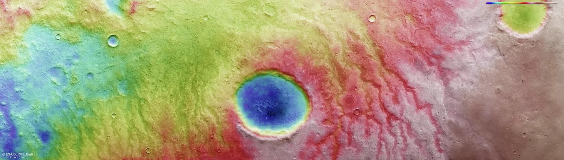 Esta imagem topográfica codificada por cores mostra parte da paisagem marcada que compõe Aonia Terra, uma região de planalto nas terras altas do sul de Marte. Foi criado a partir de dados recolhidos pela Mars Express da ESA, 25 de abril de 2022 Esta imagem topográfica codificada por cores mostra parte da paisagem marcada que compõe Aonia Terra, uma região de planalto nas terras altas do sul de Marte. Foi criado a partir de dados recolhidos pela Mars Express da ESA, 25 de abril de 2022 - Sputnik Brasil, 1920, 13.06.2022