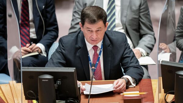 Dmitry Polyanskiy, primeiro vice-representante permanente da Rússia na ONU, durante reunião do Conselho de Segurança da organização, em 23 de setembro de 2021 - Sputnik Brasil