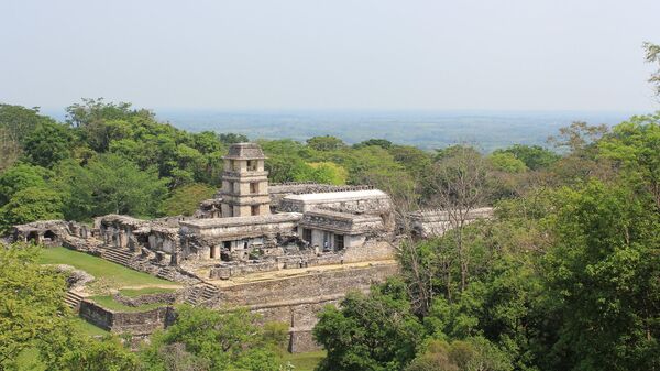 Palácio Pelenque visto desde o Templo da Cruz, estado de Chiapas, México - Sputnik Brasil