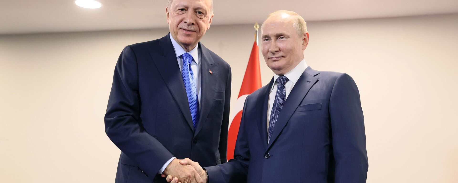 O presidente russo Vladimir Putin e o presidente turco Recep Tayyip Erdogan apertam as mãos antes de sua reunião em Teerã, Irã, 19 de julho de 2022 - Sputnik Brasil, 1920, 10.08.2022