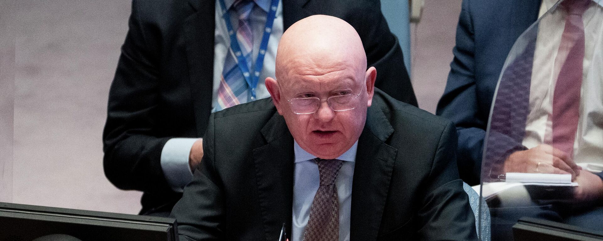 Vasily Nebenzya, representante permanente da Rússia na Organização das Nações Unidas (ONU), em reunião do Conselho de Segurança da organização, em 5 de abril de 2022. Nova York, EUA, 5 de abril de 2022 (foto de arquivo) - Sputnik Brasil, 1920, 21.02.2023