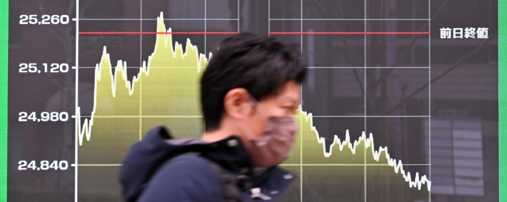 Um pedestre passa por um quadro eletrônico exibindo um gráfico dos movimentos diários do preço das ações na Bolsa de Valores de Tóquio, em Tóquio, em 8 de março de 2022 - Sputnik Brasil, 1920, 12.08.2022