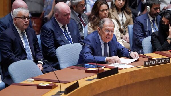 O ministro das Relações Exteriores da Rússia, Sergei Lavrov, fala durante uma reunião de alto nível do Conselho de Segurança sobre a situação na Ucrânia, 22 de setembro de 2022 - Sputnik Brasil