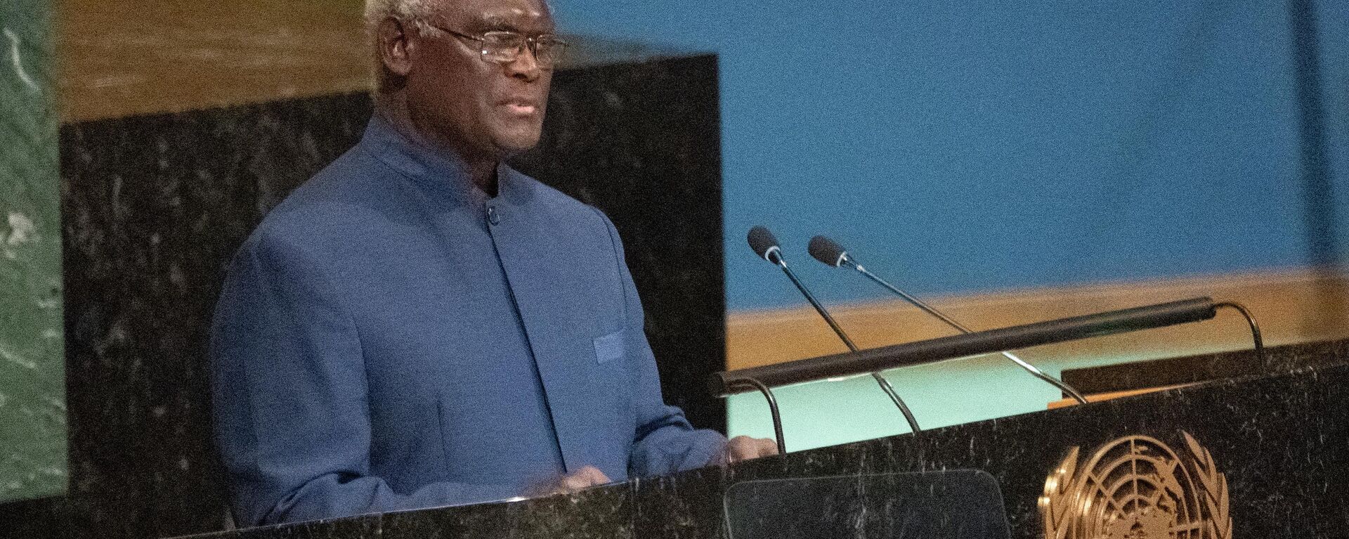 O primeiro-ministro das Ilhas Salomão, Manasseh Sogavare, discursa na 77ª sessão da Assembleia Geral das Nações Unidas na sede da ONU em Nova York em 23 de setembro de 2022 - Sputnik Brasil, 1920, 23.09.2022