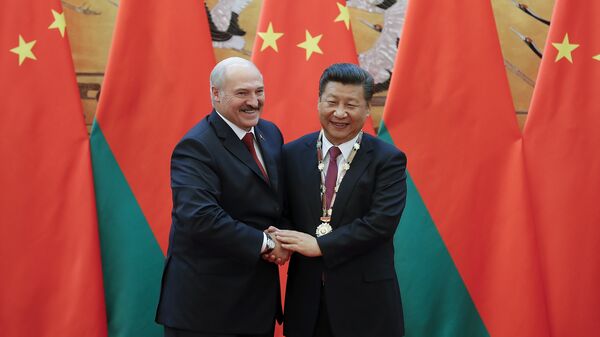 O presidente chinês Xi Jinping (D) aperta a mão do presidente de Belarus, Alexander Lukashenko, após receber a medalha de paz e amizade de Belarus no Grande Salão do Povo em Pequim, 29 de setembro de 2016 - Sputnik Brasil