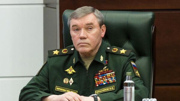 Chefe do Estado-Maior das Forças Armadas russas,  vice-ministro da Defesa da Rússia Valery Gerasimov, em reunião do Conselho do Ministério da Defesa russo, 20 de maio de 2022 - Sputnik Brasil