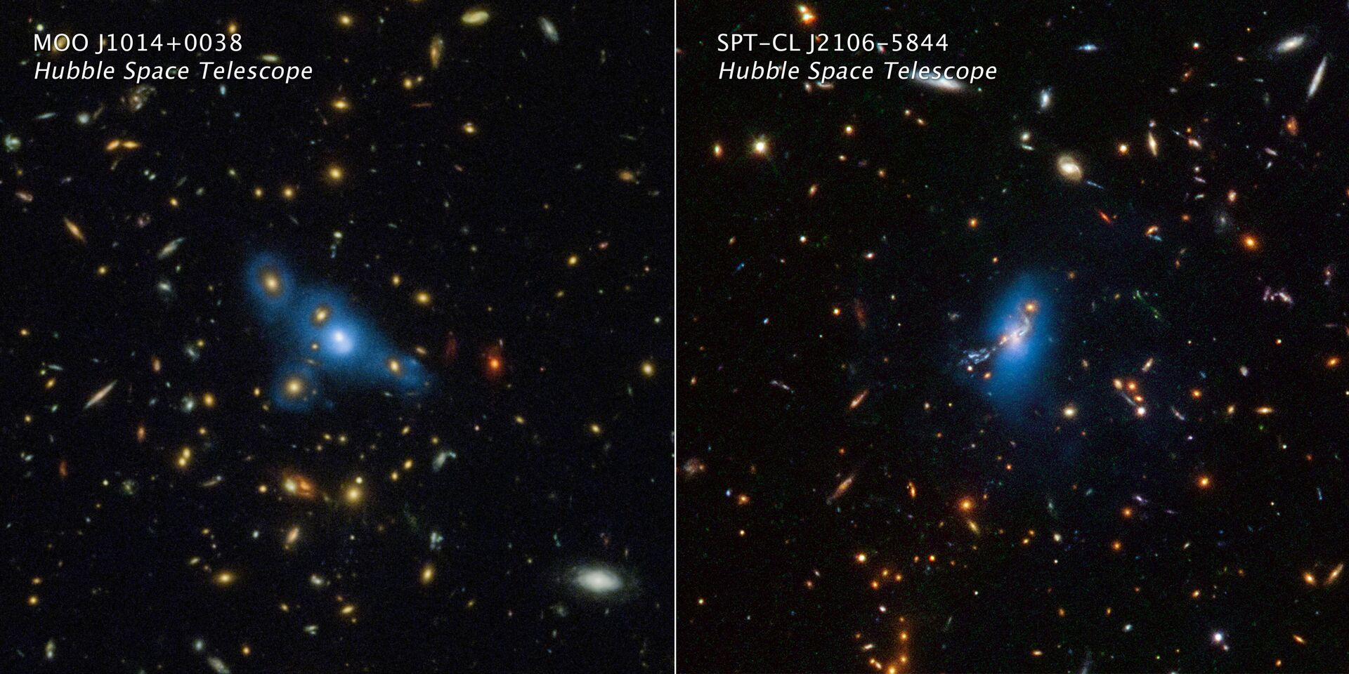 A imagem do telescópio Hubble mostra dois aglomerados massivos de galáxias denominados MOO J1014+0038 (à esquerda) e SPT-CL J2106-5844 (à direita) - Sputnik Brasil, 1920, 06.01.2023