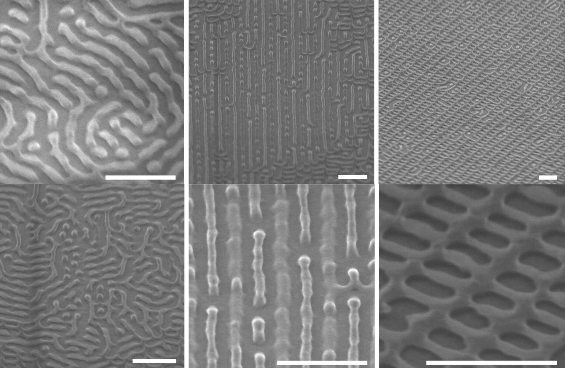 Microscópio eletrônico das novas nanoestruturas graças à inteligência artificial. Padrões distorcidos (à esquerda), linhas alternadas (ao centro) e em sequência (à direita) - Sputnik Brasil, 1920, 16.01.2023