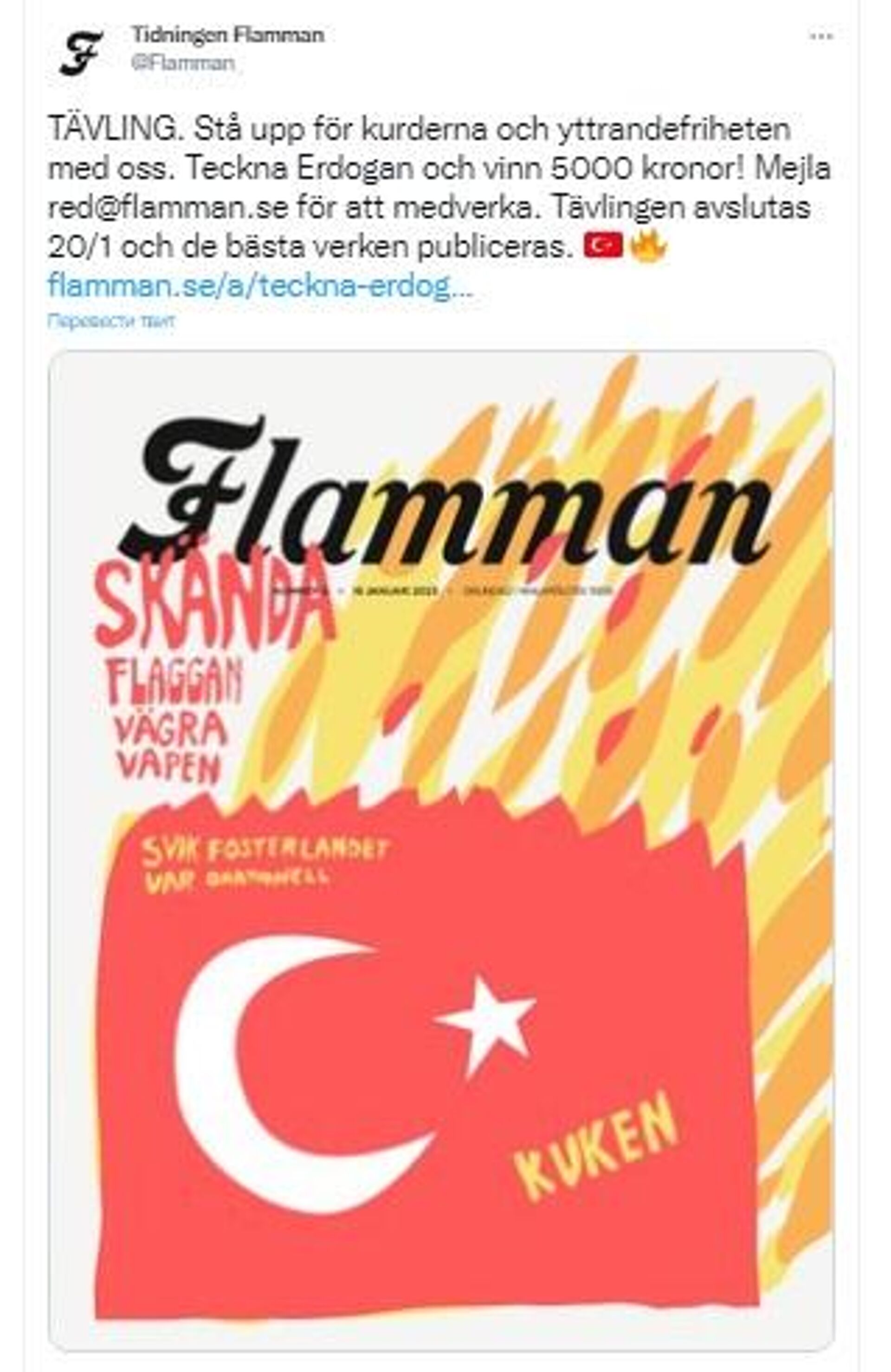 Captura de tela do tweet com o retrabalho do jornal Flamman da obra Desecrate the flag (Profanar a bandeira) de Carl-Johan de Geer - Sputnik Brasil, 1920, 17.01.2023