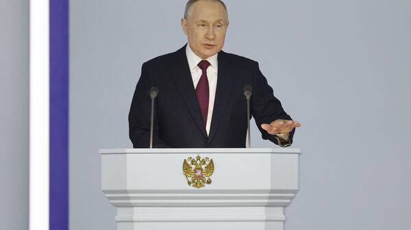 Vladimir Putin, presidente da Rússia, dá discurso à Assembleia Federal do país em 21 de fevereiro de 2023 - Sputnik Brasil