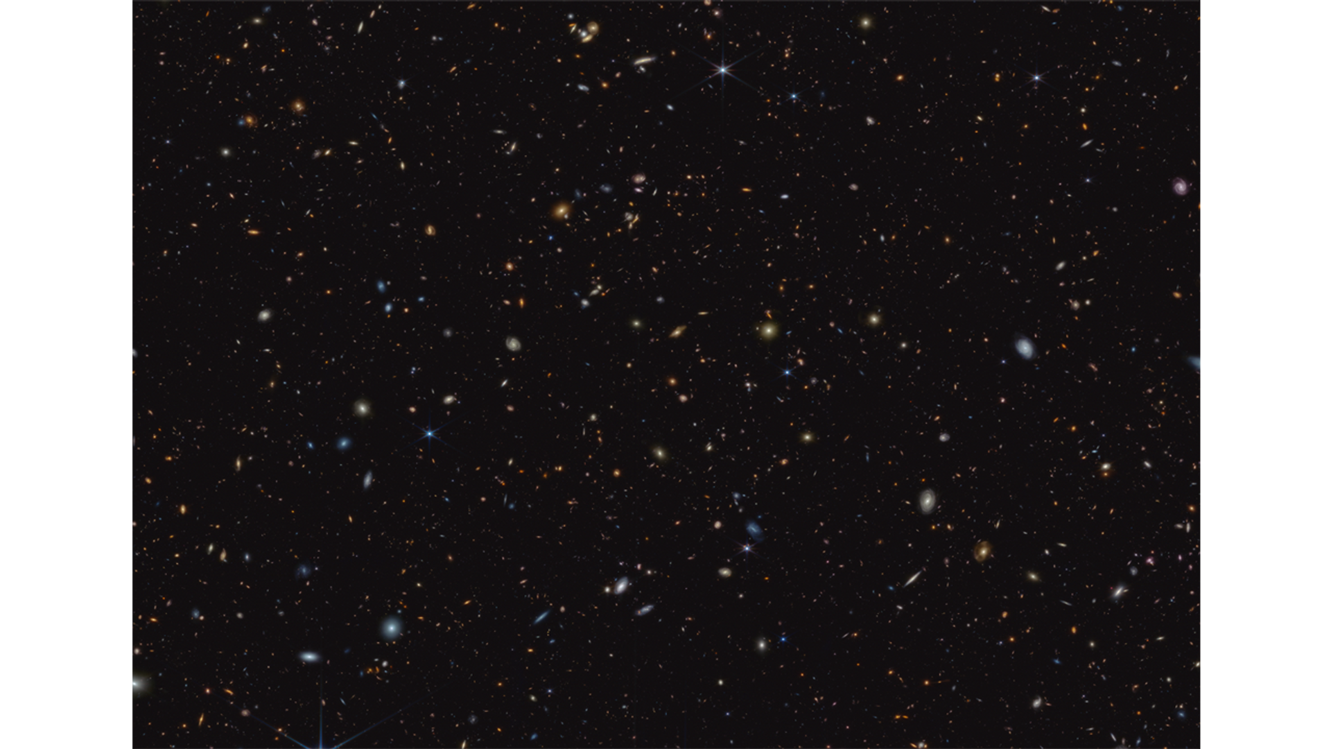 Foto recém-captada foto pelo James Webb e pelo programa JWST Advanced Deep Extragalactic Survey, ou JADES, mostra uma arte de uma área do céu conhecida como GOODS-South, ou bens do sul - Sputnik Brasil, 1920, 06.06.2023