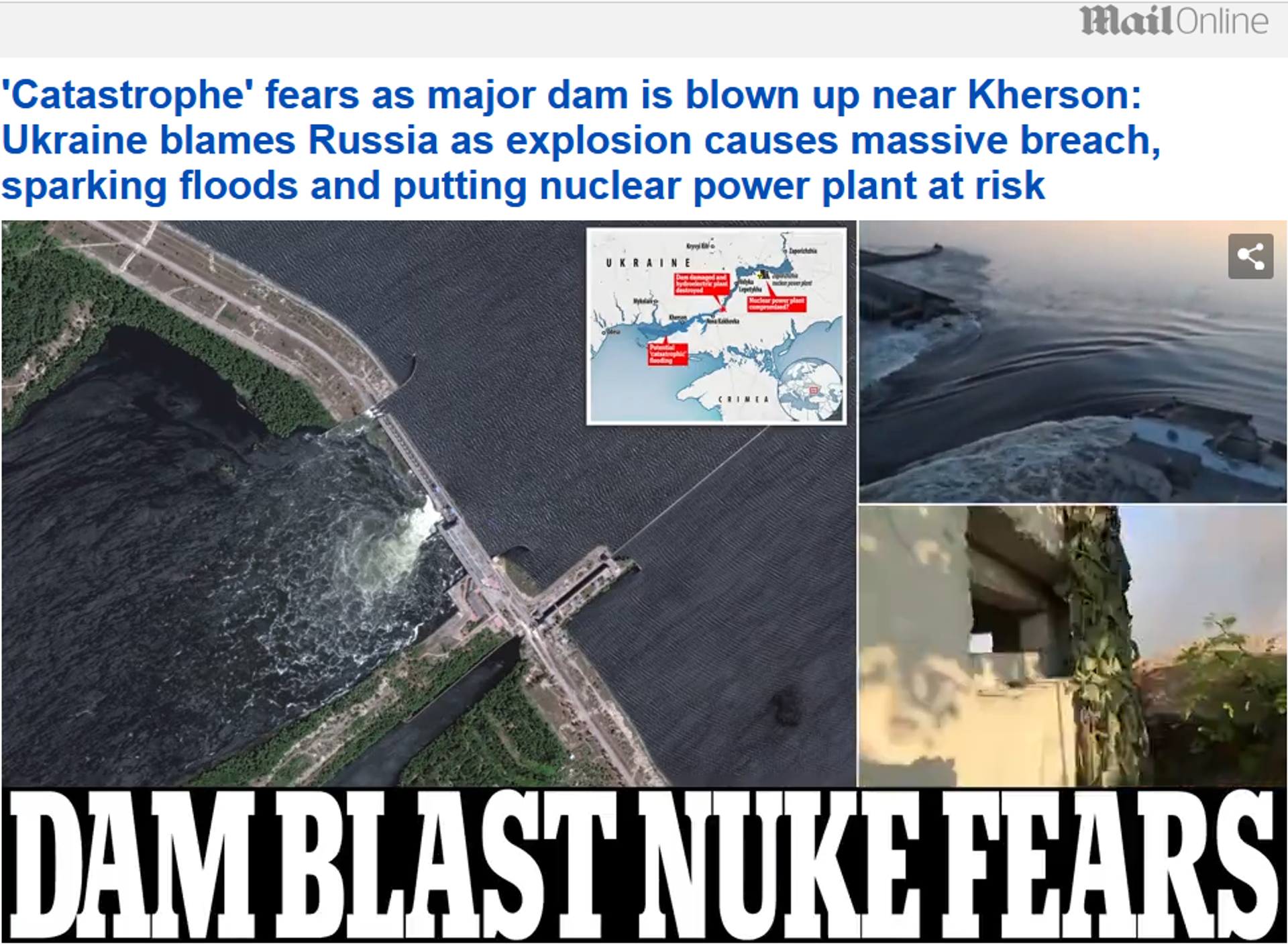 Captura de tela da opinião do Daily Mail sobre a destruição da barragem da usina hidrelétrica de Kakhovka culpando a Rússia Captura de tela da opinião do Daily Mail sobre a destruição da barragem da usina hidrelétrica de Kakhovka culpando a Rússia - Sputnik Brasil, 1920, 06.06.2023