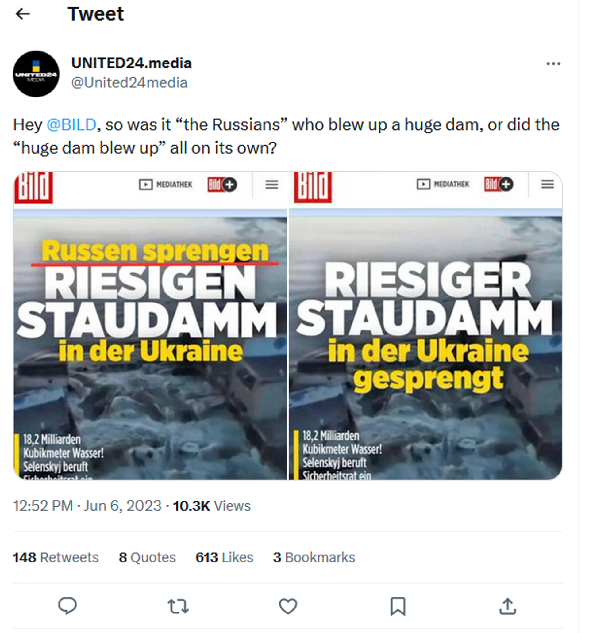 Tweet cheio de raiva sobre a edição pelo Bild de sua manchete sobre o ataque à hidrelétrica de Kakhovka removendo as palavras Russos explodem Tweet cheio de raiva sobre a edição pelo Bild de sua manchete sobre o ataque à hidrelétrica de Kakhovka removendo as palavras Russos explodem - Sputnik Brasil, 1920, 06.06.2023