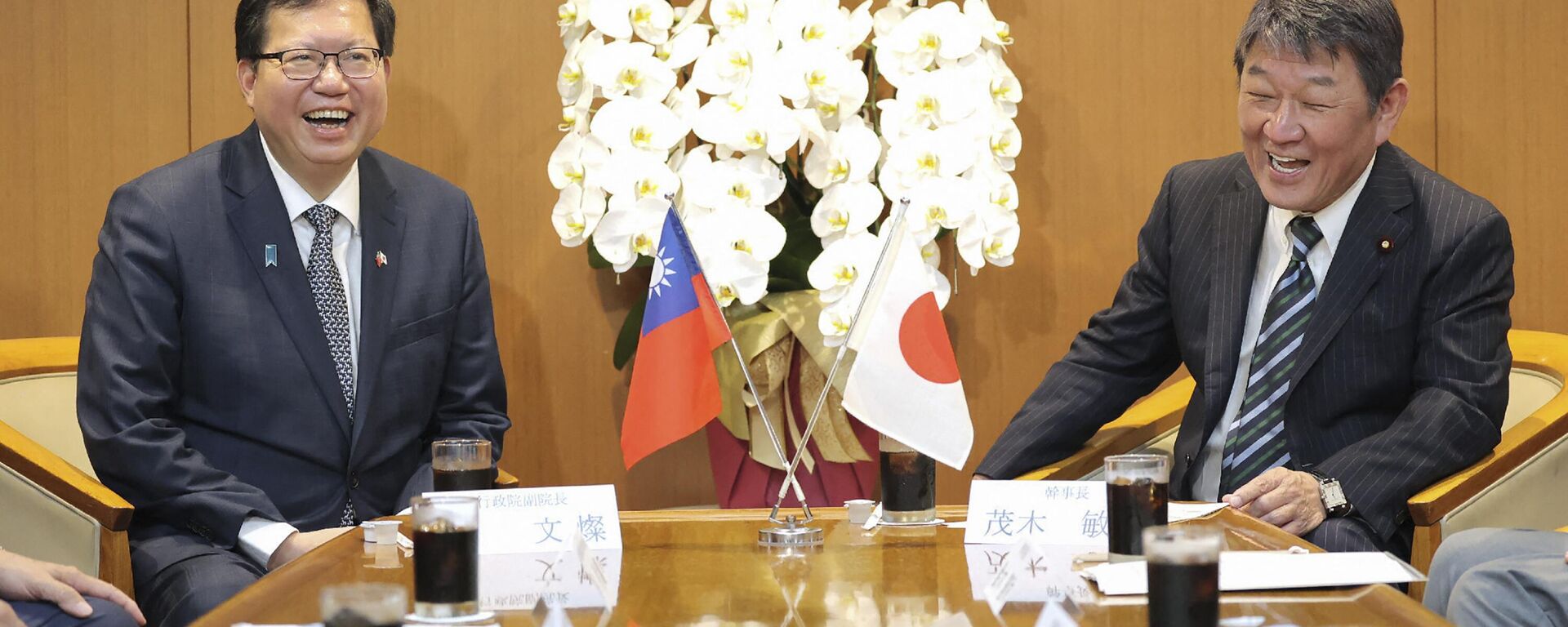 Cheng Wen-tsan, vice-primeiro-ministro de Taiwan, e o secretário-geral do Partido Liberal Democrático do Japão, Toshimitsu Motegi, realizam uma reunião na sede do partido em Tóquio em 28 de junho de 2023 - Sputnik Brasil, 1920, 28.06.2023
