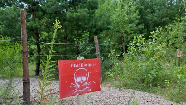 Placa com a inscrição Atenção, minas no ponto de controle fechado de Slavutych, na fronteira entre a Ucrânia e Belarus, região de Chernigov, em meio à operação militar especial da Rússia, 14 de julho de 2023 - Sputnik Brasil