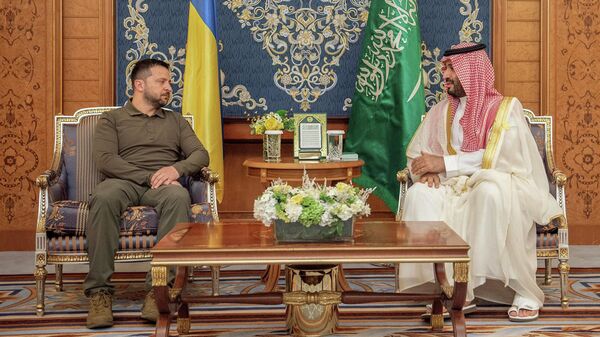 Nesta foto fornecida pela Saudi Press Agency, SPA, o príncipe herdeiro saudita Mohammed bin Salman se encontra com o presidente da Ucrânia, Vladimir Zelensky, durante a cúpula árabe em Jeddah, Arábia Saudita, 19 de maio de 2023 - Sputnik Brasil