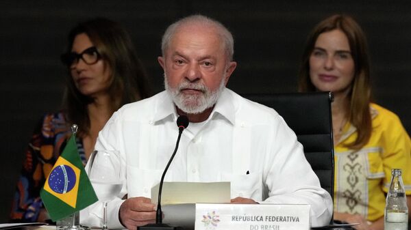 O presidente brasileiro Luiz Inácio Lula da Silva fala durante a Cúpula da Amazônia no Centro de Convenções Hangar em Belém, Brasil, 8 de agosto de 2023 - Sputnik Brasil