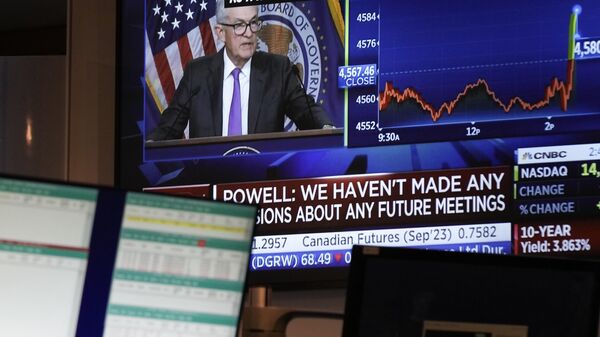 Jerome Powell, presidente do Federal Reserve (Fed) durante coletiva de imprensa na Bolsa de Valores. Nova York, 26 de julho de 2023 - Sputnik Brasil