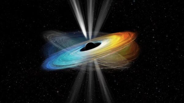 Imagem esquemática de um modelo de disco de acreção inclinado de um buraco negro supermassivo em que a direção do jato oscilante é quase perpendicular ao disco - Sputnik Brasil