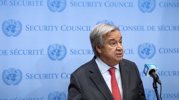 António Guterres aborda a situação de Israel e Gaza durante uma coletiva de imprensa na sede das Nações Unidas, em Nova York. EUA, 13 de outubro de 2023 - Sputnik Brasil