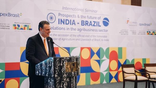 Ministro da Agricultura e Pecuária, Carlos Fávaro, na abertura do Seminário Internacional - Perspectivas e o Futuro da Índia e Brasil, em Nova Délhi, na Índia (novembro de 2023). - Sputnik Brasil