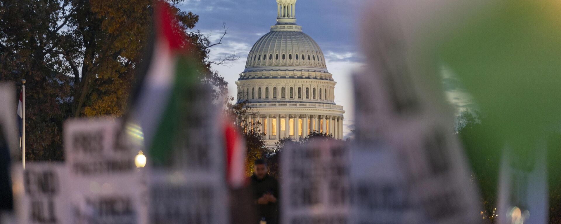 O Capitólio dos EUA é visto enquanto manifestantes se reúnem em manifestação pró-Palestina pedindo um cessar-fogo em Gaza, Washington, 17 de novembro de 2023 - Sputnik Brasil, 1920, 22.09.2025