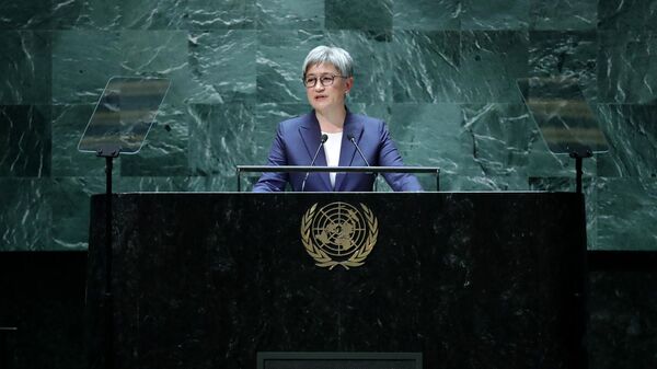 A ministra das Relações Exteriores da Austrália, Penny Wong, discursa na 78ª Assembleia Geral das Nações Unidas, na sede da ONU. Nova York, 22 de setembro de 2023 - Sputnik Brasil
