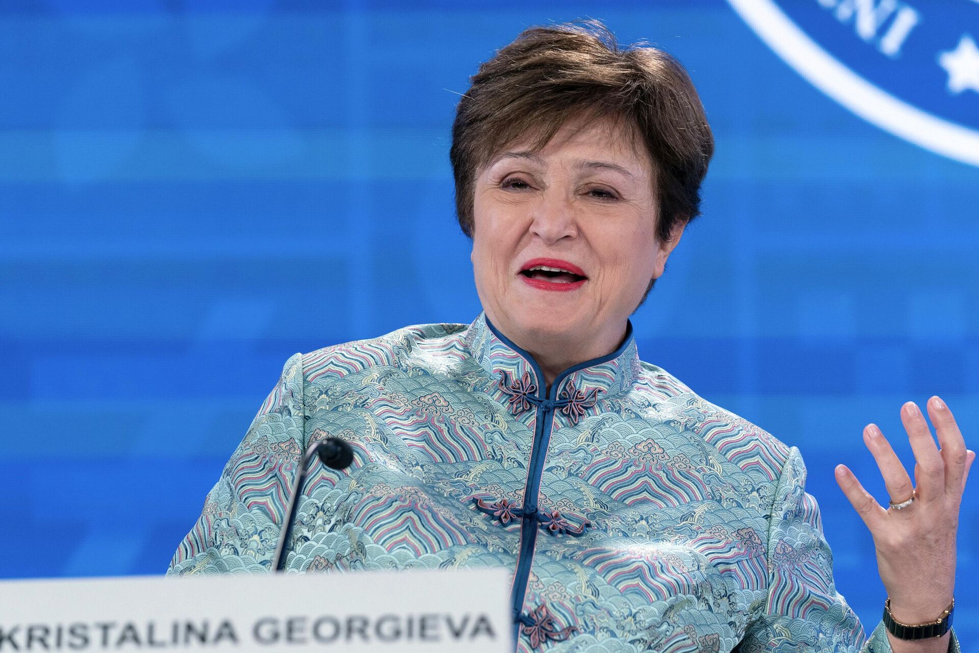 Kristalina Georgieva, diretora do Fundo Monetário Internacional (FMI), fala em coletiva de imprensa durante as Reuniões de Primavera do Banco Mundial/Fundo Monetário Internacional, na sede do FMI, em Washington, EUA, 14 de abril de 2023 - Sputnik Brasil, 1920, 28.03.2024