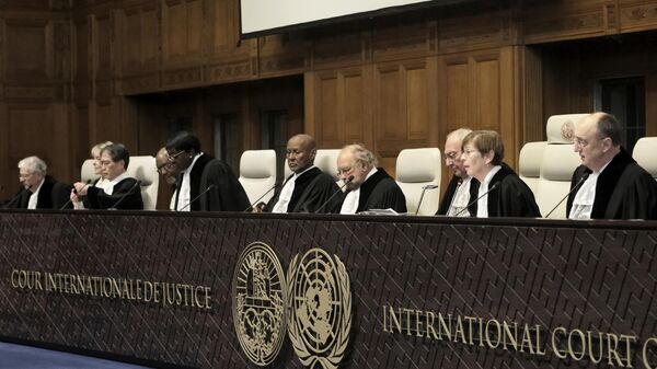 Juízes do Tribunal Internacional de Justiça presidem a abertura das audiências da denúncia sul-africana de Israel por atos de genocídio na Faixa de Gaza. Haia, Países Baixos, em 11 de janeiro de 2024 - Sputnik Brasil