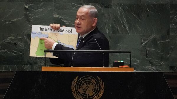 O primeiro-ministro israelense, Benjamin Netanyahu, discursa na 78ª Assembleia Geral das Nações Unidas na sede da ONU. Nova York, 22 de setembro de 2023 - Sputnik Brasil