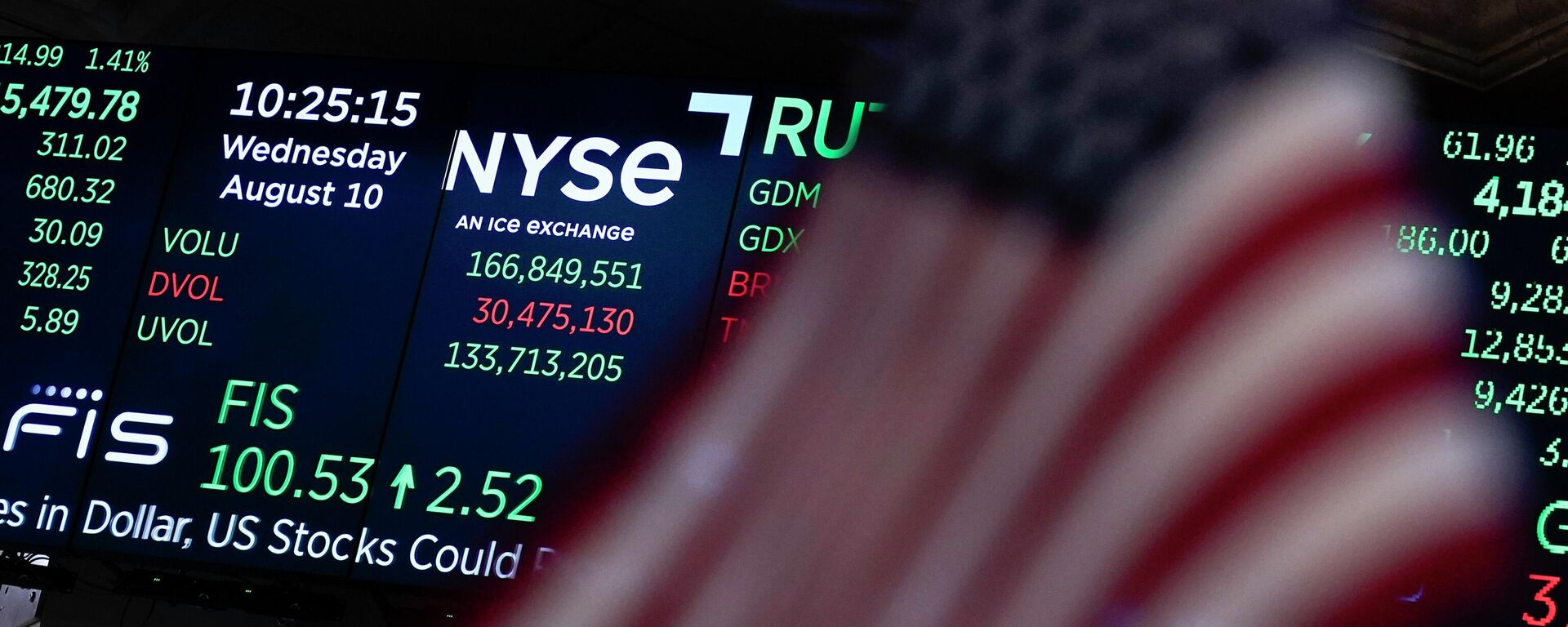 Uma tela exibe dados de mercado na Bolsa de Valores de Nova York, EUA, em 10 de agosto de 2022 - Sputnik Brasil, 1920, 05.06.2025
