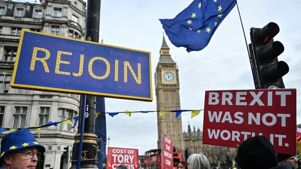 Apoiadores anti-Brexit se reúnem com cartazes pedindo pela reentrada na União Europeia em frente à Torre Elizabeth, comumente conhecida como Big Ben, no Palácio de Westminster, sede das Casas do Parlamento, no centro de Londres, em 31 de janeiro de 2024  - Sputnik Brasil