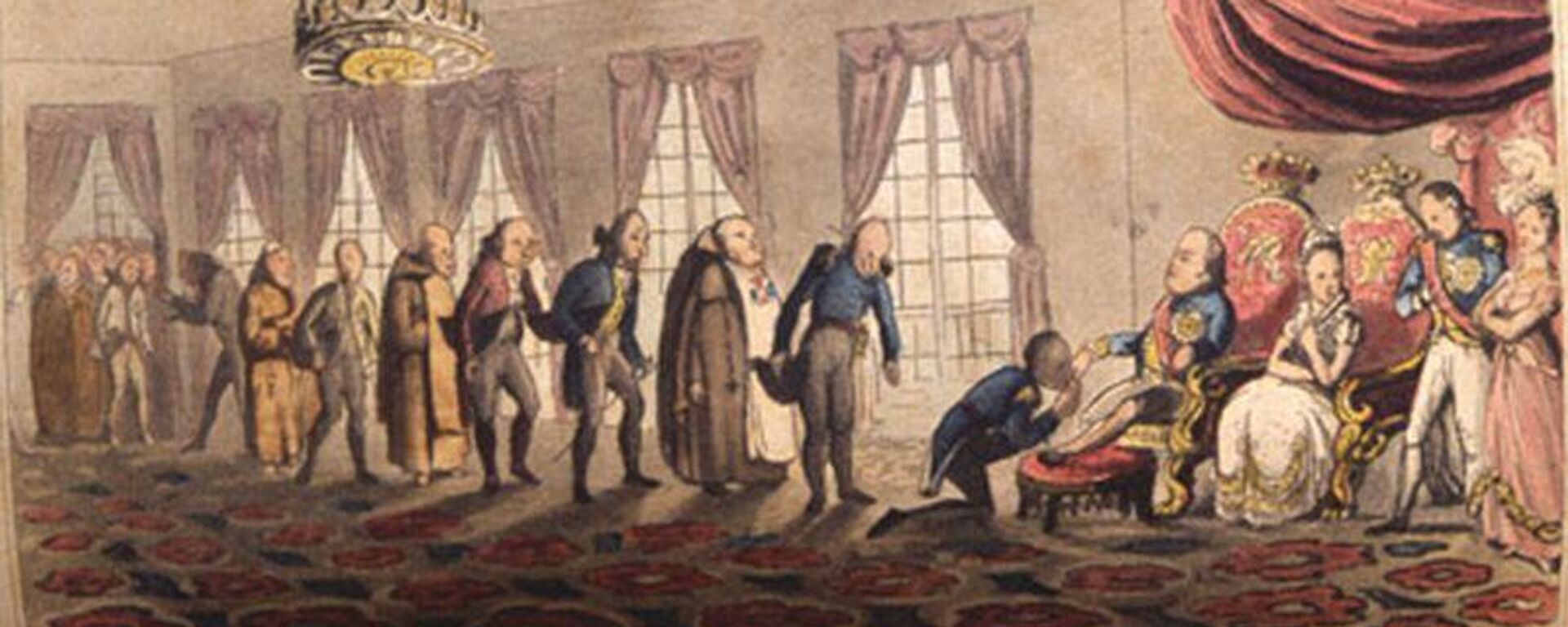 Desenho de 1826 retratando a cerimônia de beija-mão na Corte de D. João VI no século XIX no Brasil - Sputnik Brasil, 1920, 23.02.2026