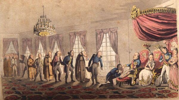 Desenho de 1826 retratando a cerimônia de beija-mão na Corte de D. João VI no século XIX no Brasil - Sputnik Brasil
