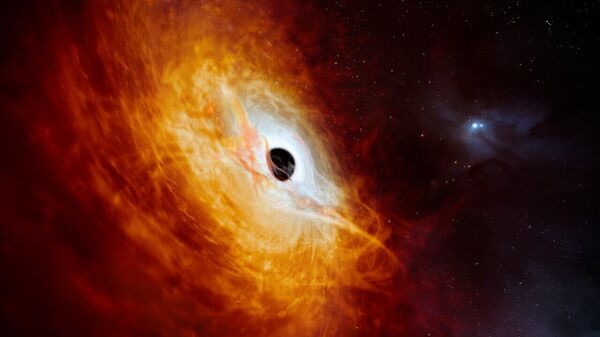 Impressão artística mostra o quasar recordista J059-4351, o núcleo brilhante de uma galáxia distante que é alimentada por um buraco negro supermassivo - Sputnik Brasil