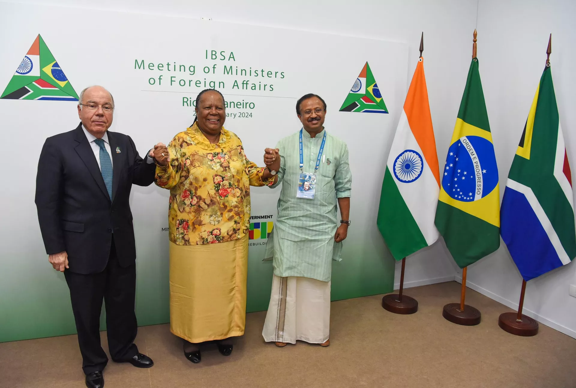 Reunião de Ministros das Relações Exteriores do Fórum de Diálogo Índia-Brasil-África do Sul (IBAS), com a presença dos chanceleres Mauro Vieira, do Brasil, e Grace Naledi Pandor, da África do Sul, bem como do ministro Shri V. Muraleedharan, da Índia, 22 de fevereiro de 2024 - Sputnik Brasil, 1920, 02.08.2024