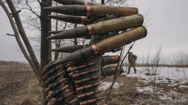 Munição pendurada em galho de árvore durante exercício em uma área controlada pela Operação das Forças Conjuntas na região de Donetsk, em 10 de fevereiro de 2022 - Sputnik Brasil